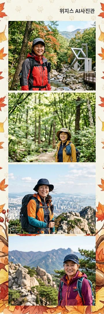 «따뜻한 가을» 테두리에 가상 인물 사진 4장을 넣은 AI 네컷 견본 (사진관 네컷)