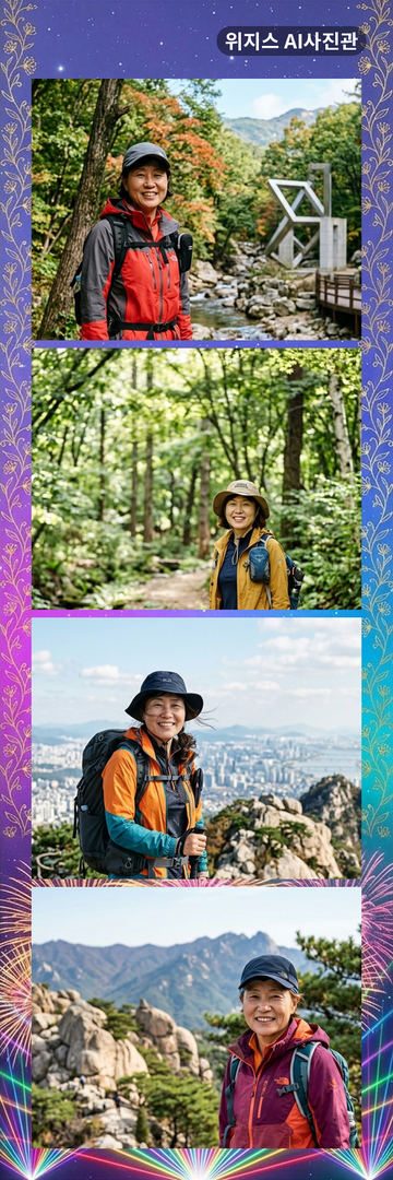 «불꽃 레이저» 테두리에 가상 인물 사진 4장을 넣은 AI 네컷 견본 (사진관 네컷)