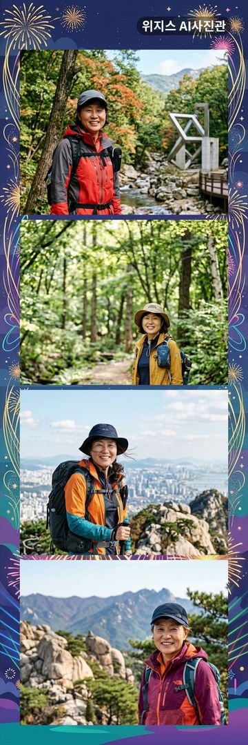 «금빛 불꽃놀이» 테두리에 가상 인물 사진 4장을 넣은 AI 네컷 견본 (사진관 네컷)