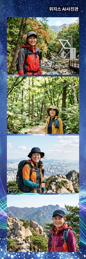 «은하수 레이저» 테두리에 가상 인물 사진 4장을 넣은 AI 네컷 견본 (사진관 네컷)