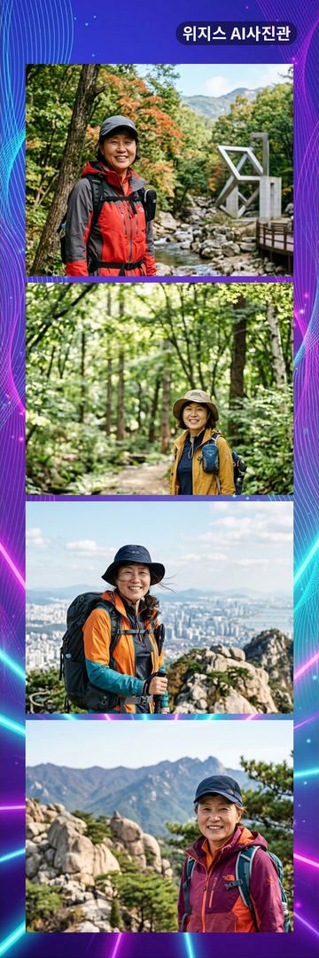 «네온 레이저» 테두리에 가상 인물 사진 4장을 넣은 AI 네컷 견본 (사진관 네컷)