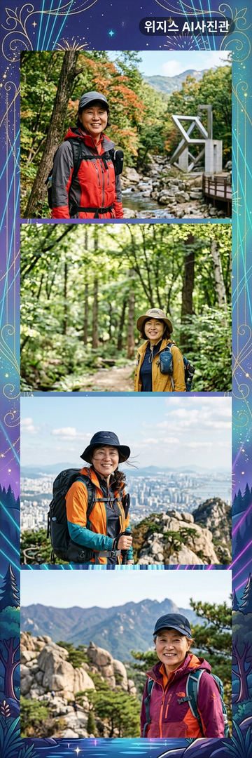 «폭포 레이저» 테두리에 가상 인물 사진 4장을 넣은 AI 네컷 견본 (사진관 네컷)